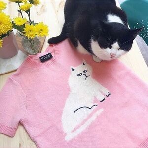 Lazy Oaf Pink Fuzzy Short Sleeved Cat Sweater SzM READ
